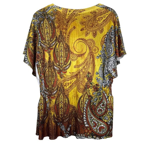 Appropriate Behavior Gold Paisley Satin Blouse XXL 20 Flutter Sleeve Bold Top - Picture 4 of 7